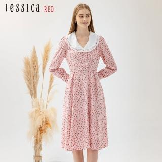 【Jessica Red】甜美小碎花收腰長袖雪紡長洋裝82417J