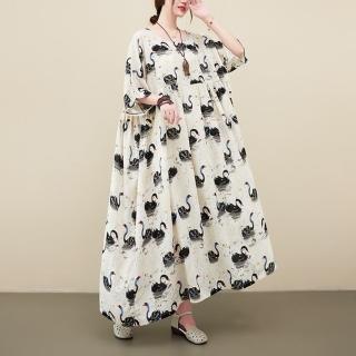 【米蘭精品】連身裙棉麻洋裝(天鵝印花寬鬆長款女裙子74cs2)