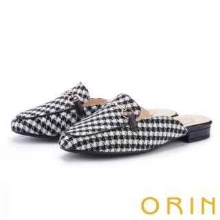 【ORIN】氣質馬蹄釦布面低跟穆勒鞋(黑白格紋)