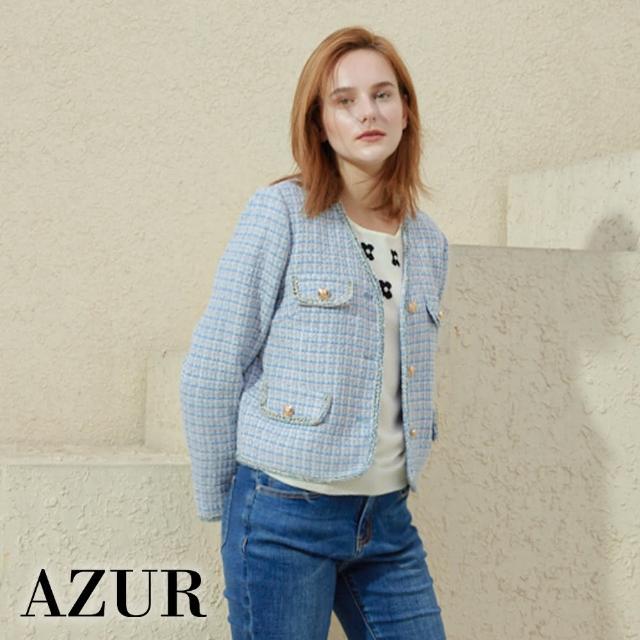 【AZUR】經典小香風細格紋混織夾克