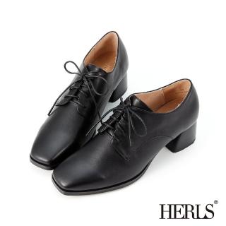 【HERLS】牛津鞋-全真皮素面方頭粗跟德比鞋(黑色)