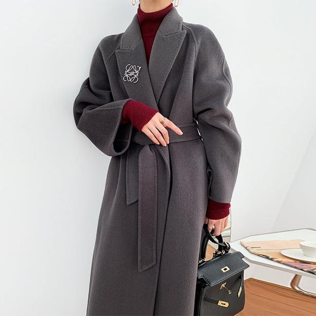 【巴黎精品】毛呢大衣羊毛外套(純色寬鬆繫帶長款女外套3色p1aq64)