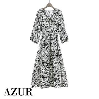 【AZUR】假兩件多層次滿版印花綁帶洋裝-2色