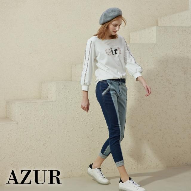 【AZUR】ROSSA 時尚造型感拼接反褶牛仔褲