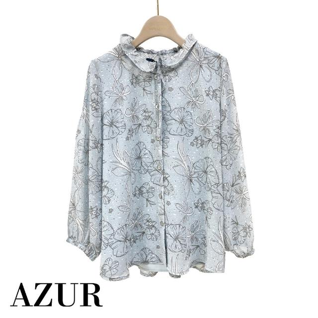 【AZUR】ROSSA 氣質抽繩領花花雪紡上衣-2色