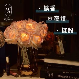 【愛莯】15朵玫瑰花LED夜燈菱形玻璃花瓶系列(香氛夜燈)