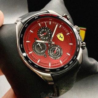 【Ferrari 法拉利】FERRARI法拉利男錶型號FE00060(紅色錶面槍灰色錶殼深黑色真皮皮革錶帶款)