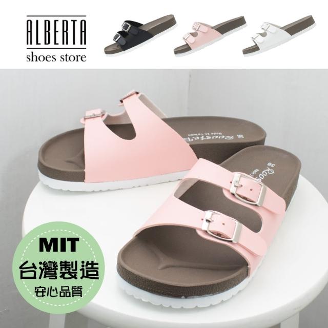 【Alberta】MIT台灣製 3cm拖鞋 休閒百搭可調雙扣帶 皮革厚底圓頭涼拖鞋