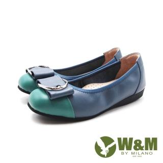 【W&M】女 圓釦飾方頭平底淑女娃娃鞋 女鞋(撞色綠藍)