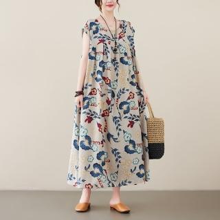 【米蘭精品】連身裙棉麻洋裝(長款印花寬鬆休閒女裙子74cs6)