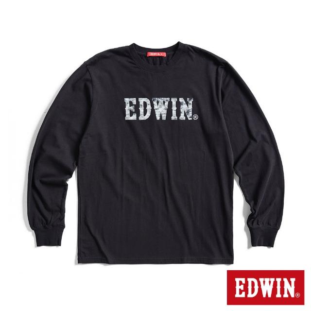 【EDWIN】男裝 人氣復刻款 花紗植絨LOGO長袖T恤(黑色)