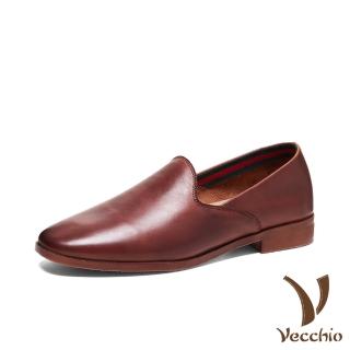 【Vecchio】真皮樂福鞋 低跟便鞋 方頭便鞋/真皮頭層牛皮典雅小方頭低跟便鞋(咖)