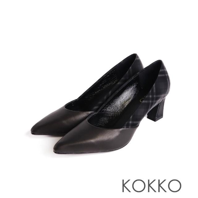 【KOKKO 集團】經典尖頭絲綢感拼接真皮粗跟鞋(格紋霧黑色)