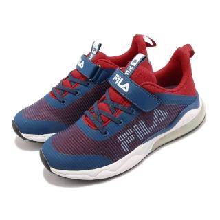 【FILA】慢跑鞋 J807W 童鞋 大童 深藍 紅 皮革 緩震 魔鬼氈 橡膠大底 運動鞋(3J807W321)