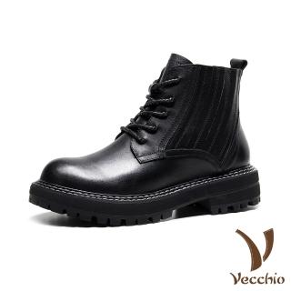 【Vecchio】真皮短靴 牛皮短靴 厚底短靴/真皮頭層牛皮潮流復古繫帶造型切爾西短靴(黑)