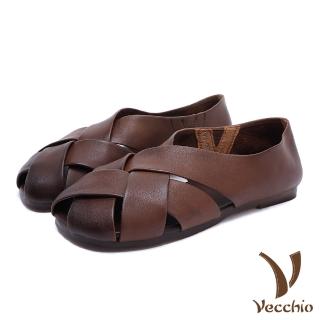 【Vecchio】真皮娃娃鞋 低跟跟鞋/全真皮頭層牛皮交叉縷空舒適軟底低跟鞋(咖)