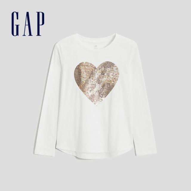 【GAP】女童裝 純棉雙面亮片長袖T恤-白色(432113)