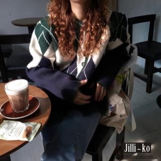 【JILLI-KO】韓系復古菱格學院風慵懶風針織外套-F(深綠)