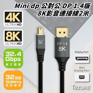 【TeZURE】Mini dp 公對公 DP 1.4版8K影音連接線2米(鍍金接頭 不易生鏽)