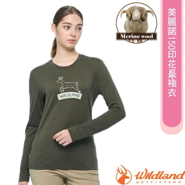【Wildland 荒野】女 100%美麗諾150印花長袖衣.抗菌抗臭.四面彈性(0B02601-169 鼠尾草綠)