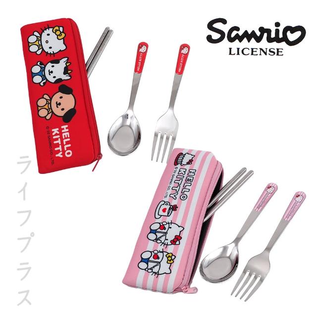 Hello Kitty-三件式304不鏽鋼餐具組-紅色/粉紅色X2組(餐具組)