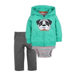 【時尚Baby】男寶寶可愛三件組套裝包含綠色外套和橫條包屁衣及長褲(男嬰長袖套裝男新生兒春秋三件組套裝)