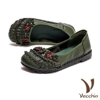 【Vecchio】真皮休閒鞋/真皮頭層牛皮舒適軟底手工縫線立體花朵造型休閒鞋(綠)