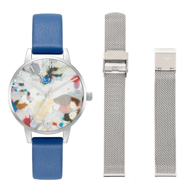 【Olivia Burton】POP ART-鋼色殼太陽紋彩屑彩繪銀面藍色ECO帶腕錶搭鋼色米蘭帶組-30mm(OBGSET151)