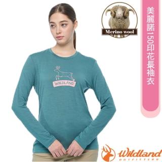 【Wildland 荒野】女 100%美麗諾150印花長袖衣.抗菌抗臭.四面彈性(0B02601-141 莫蘭迪藍)