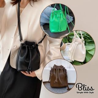 【Bliss BKK】抽繩束口軟皮革手機包 肩背包 隨身包 縮口包 附贈防塵袋(4色可選)