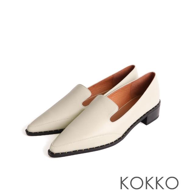 【KOKKO 集團】尖頭素面鑲嵌鉚釘懶人真皮跟鞋(米色)