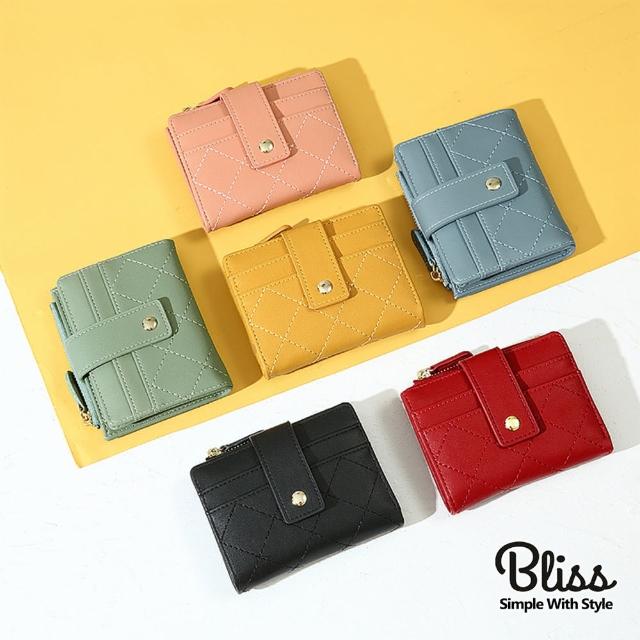 【Bliss BKK】菱格紋簡約扣式短夾 時尚經典 附贈防塵袋(6色可選)