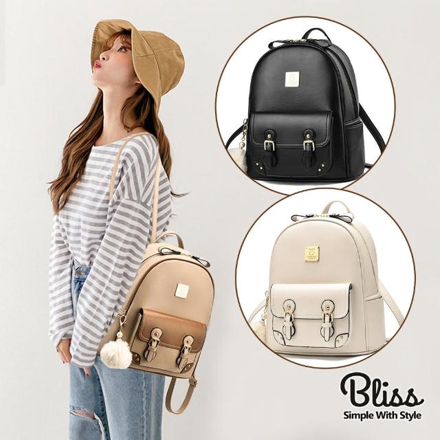 【Bliss BKK】質感學院風金屬牌後背包 時尚風格(3色可選)