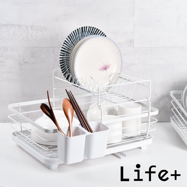 【Life+】日式簡約 雙層多功能碗盤餐具瀝水架/收納架/置物架/瀝水籃_附排水導管