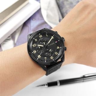 【Tommy Hilfiger】簡約三眼 經典潮流 兩地時間 日本機芯 真皮手錶 黑色 44mm(1792004)