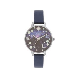 【Olivia Burton】Celestial系列-鋼色殼貓眼石星球面藍色皮帶腕錶-30mm(OB16GD82)