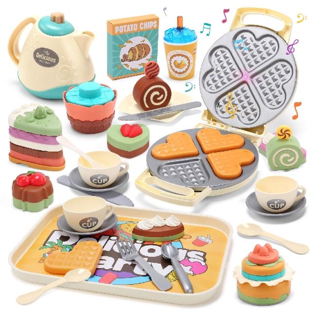 【CUTE STONE】兒童仿真鬆餅機與小蛋糕切切樂套裝玩具23件組(鬆餅機玩具)