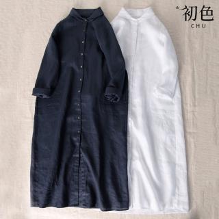 【初色】棉質文藝風純色襯衫連衣裙洋裝-共2色-63775(M-2XL可選)
