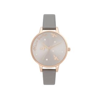 【Olivia Burton】Pearly Queen系列-玫瑰金殼3D銀面灰皮帶腕錶-34mm(OB16PQ03)
