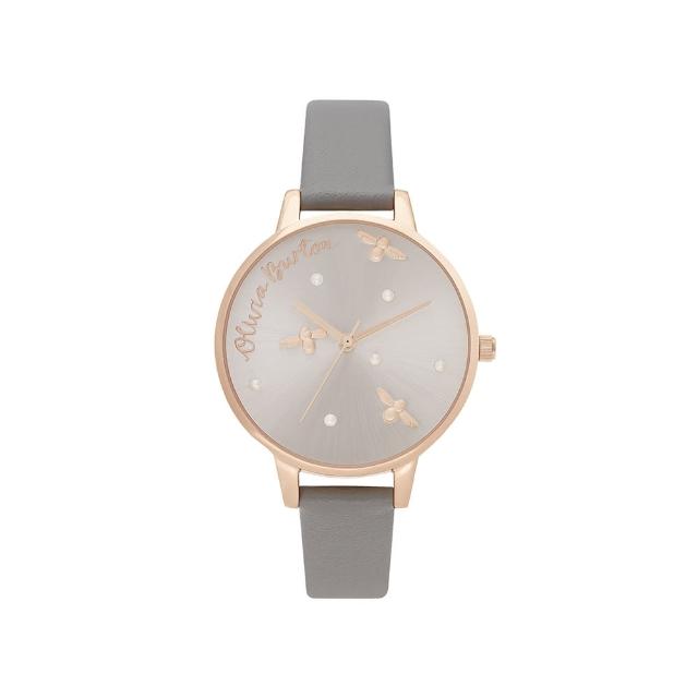 【Olivia Burton】Pearly Queen系列-玫瑰金殼3D銀面灰皮帶腕錶-34mm(OB16PQ03)