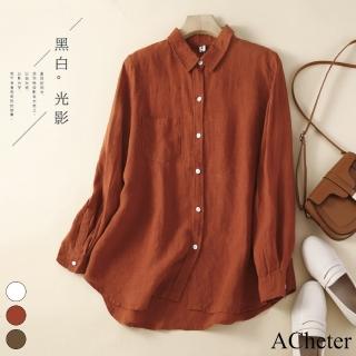 【ACheter】純色單排扣寬鬆顯瘦百搭棉麻襯衫上衣#113550現貨+預購(3色)