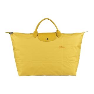 【LONGCHAMP】LONGCHAMP Le Pliage Green系列刺繡LOGO再生尼龍拉鍊手提旅行袋(大/粉黃)