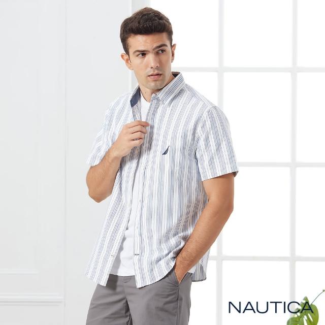 【NAUTICA】男裝粗細條紋文青短袖襯衫(藍)