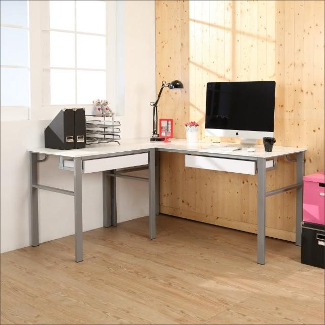 【BuyJM】MIT低甲醛木紋白L型160+80公分雙抽屜工作桌(電腦桌)