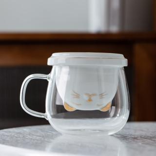 【茶几王Living Art】可愛貓咪 泡茶杯 耐熱玻璃杯 辦公室茶水分離杯 泡茶器 泡茶壺(純潔白)
