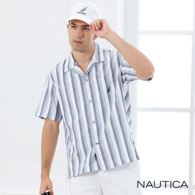 【NAUTICA】男裝古巴領風情短袖襯衫(藍)