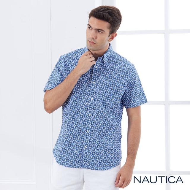 【NAUTICA】男裝滿版幾何帆船短袖襯衫(藍)