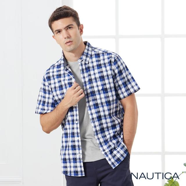 【NAUTICA】男裝多格紋短袖純棉襯衫(藍黑)