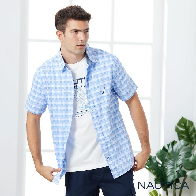 【NAUTICA】男裝馬賽克清新短袖純棉襯衫(藍)