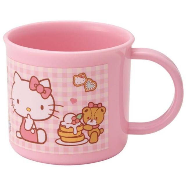 【小禮堂】HELLO KITTY  兒童單耳塑膠杯 200ml Ag+ - 粉格紋款(平輸品) 凱蒂貓